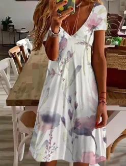 Women's Mini Dress Petite Dress T Shirt Dress Tee Dress Sundress Summer Dress Active Fashion Streetwear Outdoor Vacation Birthday Regular Fit Floral Short Sleeve V Neck Pink Blue Purple