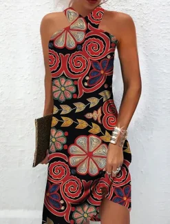 Women's Mini Dress Petite Dress Shift Dress Summer Dress Print Dress Bohemia Vintage Fashion Vacation Casual Daily Loose Fit Graphic Geometric Sleeveless Halter Neck Wine Blue Summer Spring