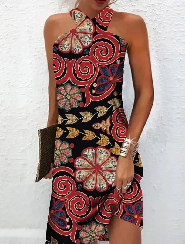 Women's Mini Dress Petite Dress Shift Dress Summer Dress Print Dress Bohemia Vintage Fashion Vacation Casual Daily Loose Fit Graphic Geometric Sleeveless Halter Neck Wine Blue Summer Spring