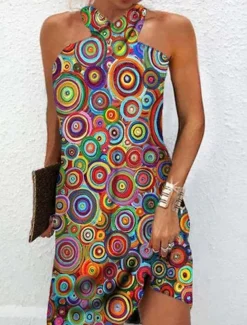 Women's Mini Dress Petite Dress Shift Dress Summer Dress Print Dress Bohemia Vintage Fashion Vacation Casual Daily Loose Fit Graphic Geometric Sleeveless Halter Neck Wine Blue Summer Spring