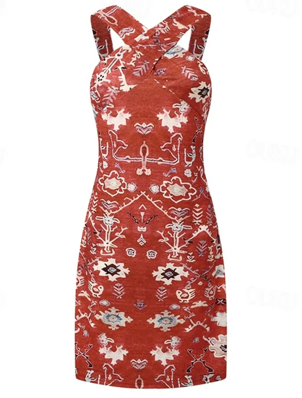 Women's Mini Dress Petite Dress Shift Dress Summer Dress Print Dress Bohemia Vintage Fashion Vacation Casual Daily Loose Fit Graphic Geometric Sleeveless Halter Neck Wine Blue Summer Spring