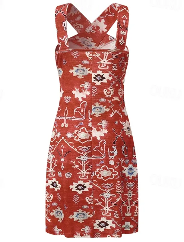 Women's Mini Dress Petite Dress Shift Dress Summer Dress Print Dress Bohemia Vintage Fashion Vacation Casual Daily Loose Fit Graphic Geometric Sleeveless Halter Neck Wine Blue Summer Spring