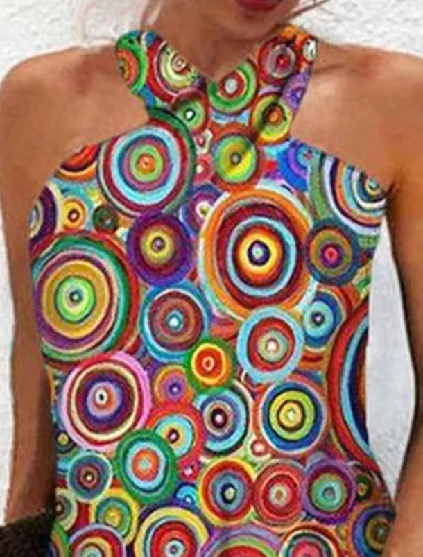 Women's Mini Dress Petite Dress Shift Dress Summer Dress Print Dress Bohemia Vintage Fashion Vacation Casual Daily Loose Fit Graphic Geometric Sleeveless Halter Neck Wine Blue Summer Spring