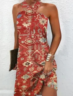 Women's Mini Dress Petite Dress Shift Dress Summer Dress Print Dress Bohemia Vintage Fashion Vacation Casual Daily Loose Fit Graphic Geometric Sleeveless Halter Neck Wine Blue Summer Spring