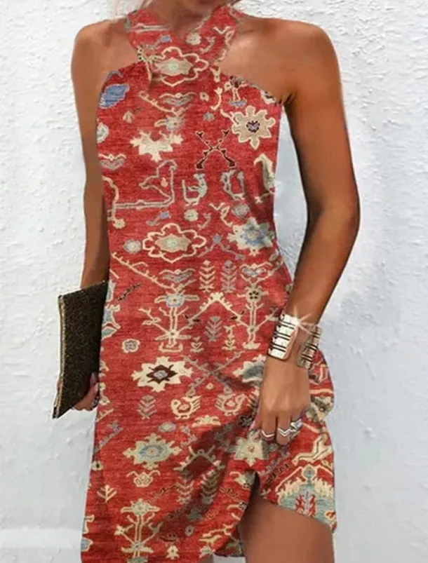 Women's Mini Dress Petite Dress Shift Dress Summer Dress Print Dress Bohemia Vintage Fashion Vacation Casual Daily Loose Fit Graphic Geometric Sleeveless Halter Neck Wine Blue Summer Spring