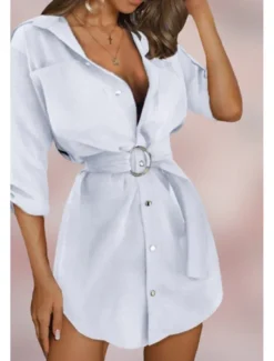 Women's Mini Dress Petite Dress Shirt Dress Cotton Linen Dress Fashion Holiday Date Weekend Regular Fit Plain Long Sleeve Shirt Collar White Khaki Summer