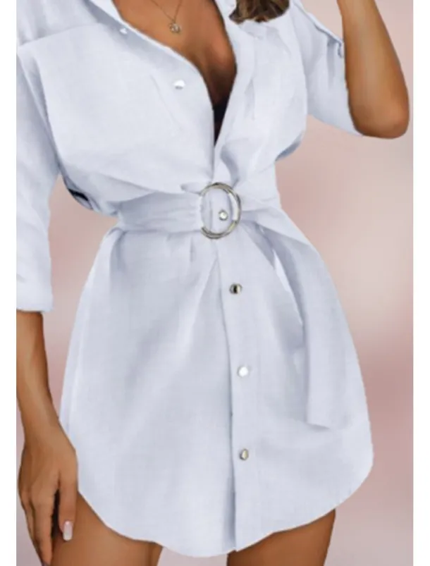 Women's Mini Dress Petite Dress Shirt Dress Cotton Linen Dress Fashion Holiday Date Weekend Regular Fit Plain Long Sleeve Shirt Collar White Khaki Summer