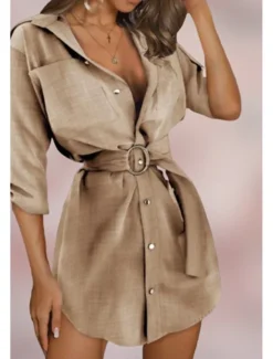 Women's Mini Dress Petite Dress Shirt Dress Cotton Linen Dress Fashion Holiday Date Weekend Regular Fit Plain Long Sleeve Shirt Collar White Khaki Summer
