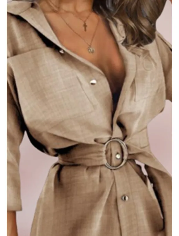 Women's Mini Dress Petite Dress Shirt Dress Cotton Linen Dress Fashion Holiday Date Weekend Regular Fit Plain Long Sleeve Shirt Collar White Khaki Summer
