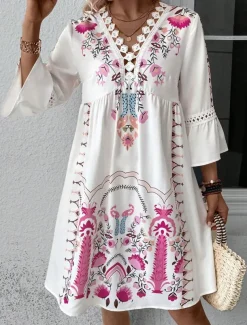 Women's Mini Dress Petite Dress Casual Dress Summer Dress Boho Dress Stylish Casual Vacation Daily Date Regular Fit Floral 3/4 Length Sleeve V Neck Black Red Fuchsia Apricot Summer