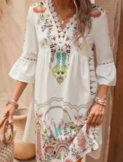 Women's Mini Dress Petite Dress Casual Dress Summer Dress Boho Dress Stylish Casual Vacation Daily Date Regular Fit Floral 3/4 Length Sleeve V Neck Black Red Fuchsia Apricot Summer
