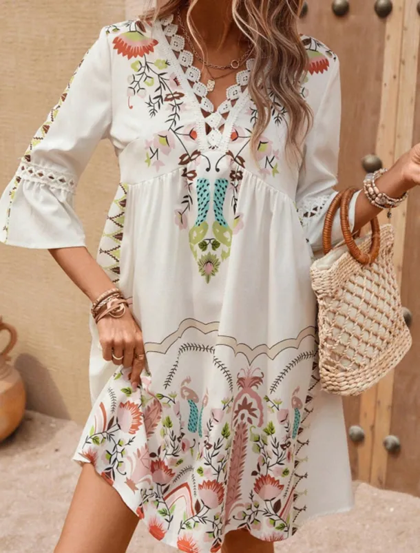 Women's Mini Dress Petite Dress Casual Dress Summer Dress Boho Dress Stylish Casual Vacation Daily Date Regular Fit Floral 3/4 Length Sleeve V Neck Black Red Fuchsia Apricot Summer