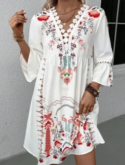 Women's Mini Dress Petite Dress Casual Dress Summer Dress Boho Dress Stylish Casual Vacation Daily Date Regular Fit Floral 3/4 Length Sleeve V Neck Black Red Fuchsia Apricot Summer