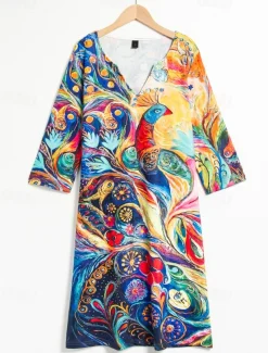 Women's Mini Dress Petite Dress T Shirt Dress Tee Dress Shift Dress Summer Dress Bohemia Vintage Boho Vacation Casual Daily Regular Fit Oil Painting Half Sleeve V Neck Royal Blue Blue