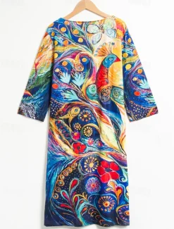Women's Mini Dress Petite Dress T Shirt Dress Tee Dress Shift Dress Summer Dress Bohemia Vintage Boho Vacation Casual Daily Regular Fit Oil Painting Half Sleeve V Neck Royal Blue Blue