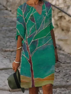 Women's Mini Dress Petite Dress T Shirt Dress Tee Dress Shift Dress Summer Dress Bohemia Modern Boho Vacation Work Casual Regular Fit Floral Tree Half Sleeve V Neck Blue Green Gray Summer