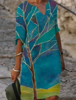 Women's Mini Dress Petite Dress T Shirt Dress Tee Dress Shift Dress Summer Dress Bohemia Modern Boho Vacation Work Casual Regular Fit Floral Tree Half Sleeve V Neck Blue Green Gray Summer