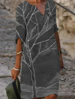 Women's Mini Dress Petite Dress T Shirt Dress Tee Dress Shift Dress Summer Dress Bohemia Modern Boho Vacation Work Casual Regular Fit Floral Tree Half Sleeve V Neck Blue Green Gray Summer