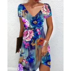 Women's Mini Dress Petite Dress Petite Dress T Shirt Dress Tee Dress Sundress Summer Dress Active Fashion Streetwear Outdoor Vacation Birthday Regular Fit Floral Short Sleeve V Neck Black