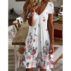 Women's Mini Dress Petite Dress Petite Dress T Shirt Dress Tee Dress Sundress Summer Dress Active Fashion Streetwear Outdoor Vacation Birthday Regular Fit Floral Short Sleeve V Neck Black