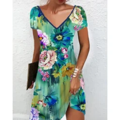 Women's Mini Dress Petite Dress Petite Dress T Shirt Dress Tee Dress Sundress Summer Dress Active Fashion Streetwear Outdoor Vacation Birthday Regular Fit Floral Short Sleeve V Neck Black