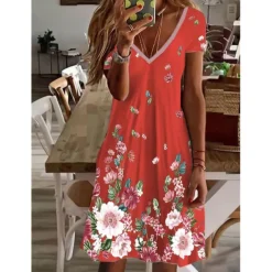 Women's Mini Dress Petite Dress Petite Dress T Shirt Dress Tee Dress Sundress Summer Dress Active Fashion Streetwear Outdoor Vacation Birthday Regular Fit Floral Short Sleeve V Neck Black