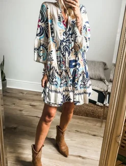 Women's Mini Dress Petite Dress Casual Dress Boho Dress Bohemia Vintage Ethnic Vacation Daily Regular Fit Floral Long Sleeve V Neck Blue Summer Spring