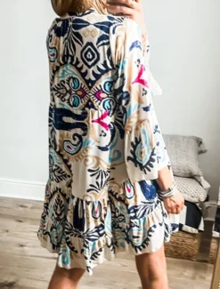 Women's Mini Dress Petite Dress Casual Dress Boho Dress Bohemia Vintage Ethnic Vacation Daily Regular Fit Floral Long Sleeve V Neck Blue Summer Spring