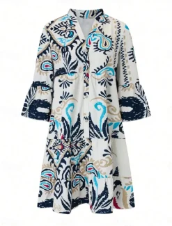 Women's Mini Dress Petite Dress Casual Dress Boho Dress Bohemia Vintage Ethnic Vacation Daily Regular Fit Floral Long Sleeve V Neck Blue Summer Spring