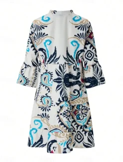 Women's Mini Dress Petite Dress Casual Dress Boho Dress Bohemia Vintage Ethnic Vacation Daily Regular Fit Floral Long Sleeve V Neck Blue Summer Spring