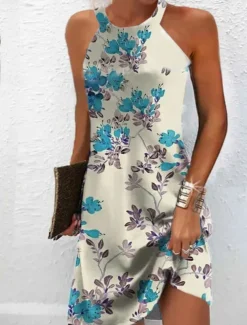 Women's Mini Dress Petite Dress Sundress Summer Dress Slip Dress Active Fashion Streetwear Outdoor Vacation Daily Regular Fit Floral Sleeveless Halter Neck White Royal Blue Blue Dark Green