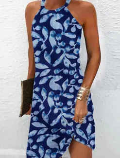 Women's Mini Dress Petite Dress Sundress Summer Dress Slip Dress Active Fashion Streetwear Outdoor Vacation Daily Regular Fit Ombre Floral Marble Sleeveless Halter Neck Navy Blue Blue