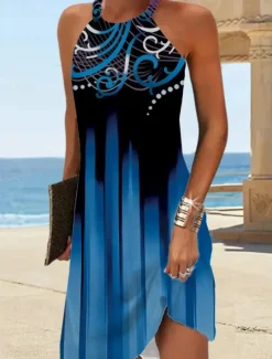 Women's Mini Dress Petite Dress Sundress Summer Dress Slip Dress Active Fashion Streetwear Outdoor Vacation Daily Regular Fit Ombre Floral Marble Sleeveless Halter Neck Navy Blue Blue