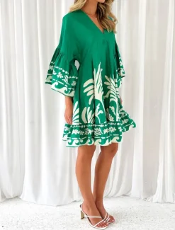 Women's Mini Dress Petite Dress Casual Dress Boho Dress Vintage Casual Vacation Daily Regular Fit Floral 3/4 Length Sleeve V Neck Green Spring Fall