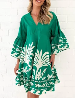 Women's Mini Dress Petite Dress Casual Dress Boho Dress Vintage Casual Vacation Daily Regular Fit Floral 3/4 Length Sleeve V Neck Green Spring Fall