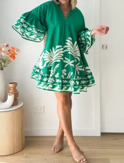 Women's Mini Dress Petite Dress Casual Dress Boho Dress Vintage Casual Vacation Daily Regular Fit Floral 3/4 Length Sleeve V Neck Green Spring Fall