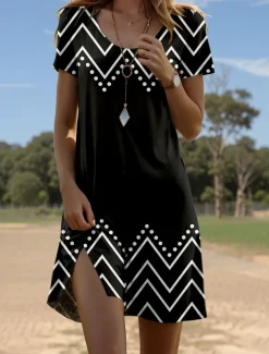 Women's Mini Dress Petite Dress T Shirt Dress Tee Dress A Line Dress Summer Dress Stylish Casual Daily Regular Fit Graphic Geometric Short Sleeve Crew Neck Black Summer Spring