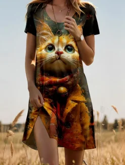 Women's Mini Dress Petite Dress T Shirt Dress Tee Dress A Line Dress Summer Dress Vacation Casual Daily Regular Fit Graphic Animal Cat Short Sleeve Crew Neck Brown Summer Spring
