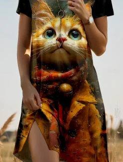 Women's Mini Dress Petite Dress T Shirt Dress Tee Dress A Line Dress Summer Dress Vacation Casual Daily Regular Fit Graphic Animal Cat Short Sleeve Crew Neck Brown Summer Spring