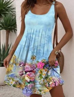 Women's Mini Dress Petite Dress A Line Dress Tank Dress Summer Dress Vacation Stylish Casual Vacation Daily Regular Fit Floral Graphic Sleeveless Crew Neck Blue Summer