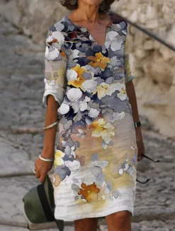 Women's Mini Dress Petite Dress T Shirt Dress Tee Dress Shift Dress Summer Dress Active Fashion Streetwear Outdoor Vacation Work Regular Fit Ombre Floral Half Sleeve V Neck White Khaki