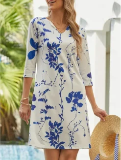 Women's Mini Dress Petite Dress T Shirt Dress Tee Dress Shift Dress Summer Dress Active Fashion Streetwear Outdoor Vacation Work Regular Fit Ombre Floral Half Sleeve V Neck White Khaki