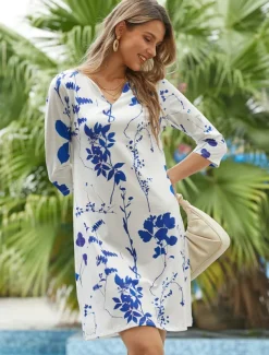 Women's Mini Dress Petite Dress T Shirt Dress Tee Dress Shift Dress Summer Dress Active Fashion Streetwear Outdoor Vacation Work Regular Fit Ombre Floral Half Sleeve V Neck White Khaki