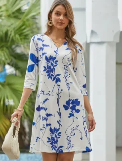 Women's Mini Dress Petite Dress T Shirt Dress Tee Dress Shift Dress Summer Dress Active Fashion Streetwear Outdoor Vacation Work Regular Fit Ombre Floral Half Sleeve V Neck White Khaki