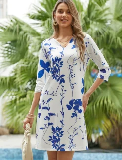 Women's Mini Dress Petite Dress T Shirt Dress Tee Dress Shift Dress Summer Dress Active Fashion Streetwear Outdoor Vacation Work Regular Fit Ombre Floral Half Sleeve V Neck White Khaki