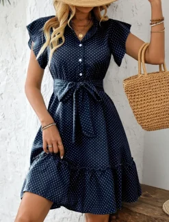 Women's Mini Dress Shirt Dress Casual Dress A Line Dress Stylish Casual Vacation Daily Regular Fit Polka Dot Short Sleeve V Neck Magenta Pink Navy Blue Blue Summer
