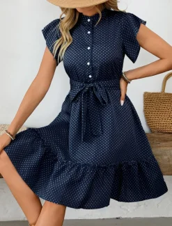 Women's Mini Dress Shirt Dress Casual Dress A Line Dress Stylish Casual Vacation Daily Regular Fit Polka Dot Short Sleeve V Neck Magenta Pink Navy Blue Blue Summer