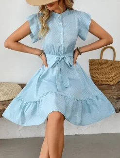 Women's Mini Dress Shirt Dress Casual Dress A Line Dress Stylish Casual Vacation Daily Regular Fit Polka Dot Short Sleeve V Neck Magenta Pink Navy Blue Blue Summer