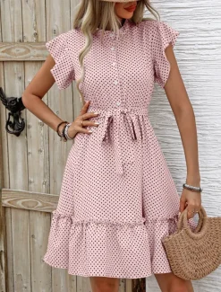 Women's Mini Dress Shirt Dress Casual Dress A Line Dress Stylish Casual Vacation Daily Regular Fit Polka Dot Short Sleeve V Neck Magenta Pink Navy Blue Blue Summer