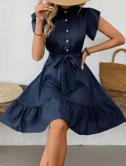 Women's Mini Dress Shirt Dress Casual Dress A Line Dress Stylish Casual Vacation Daily Regular Fit Polka Dot Short Sleeve V Neck Magenta Pink Navy Blue Blue Summer